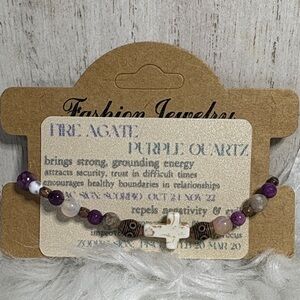 Purple and White Beaded Bracelet with Cross Charm